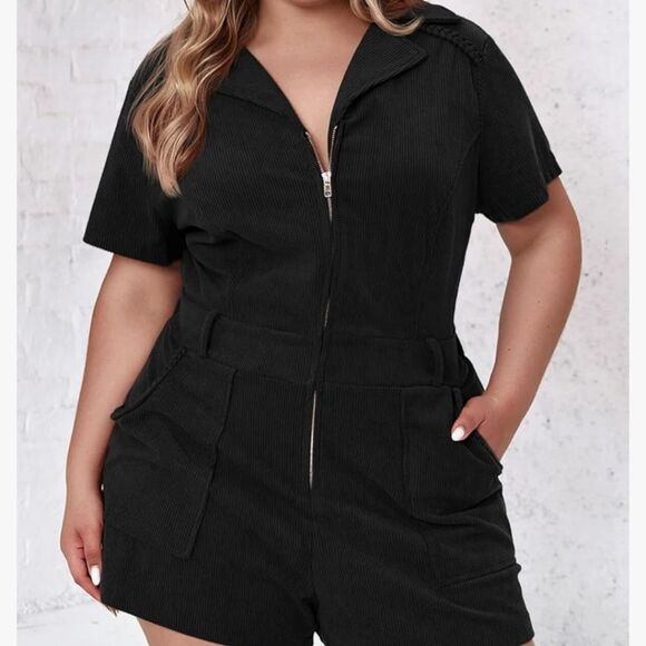Beautife Womens Plus 2x Corduroy Rompers Summer Short Sleeve Zip-Up Cute… - Picture 1 of 8